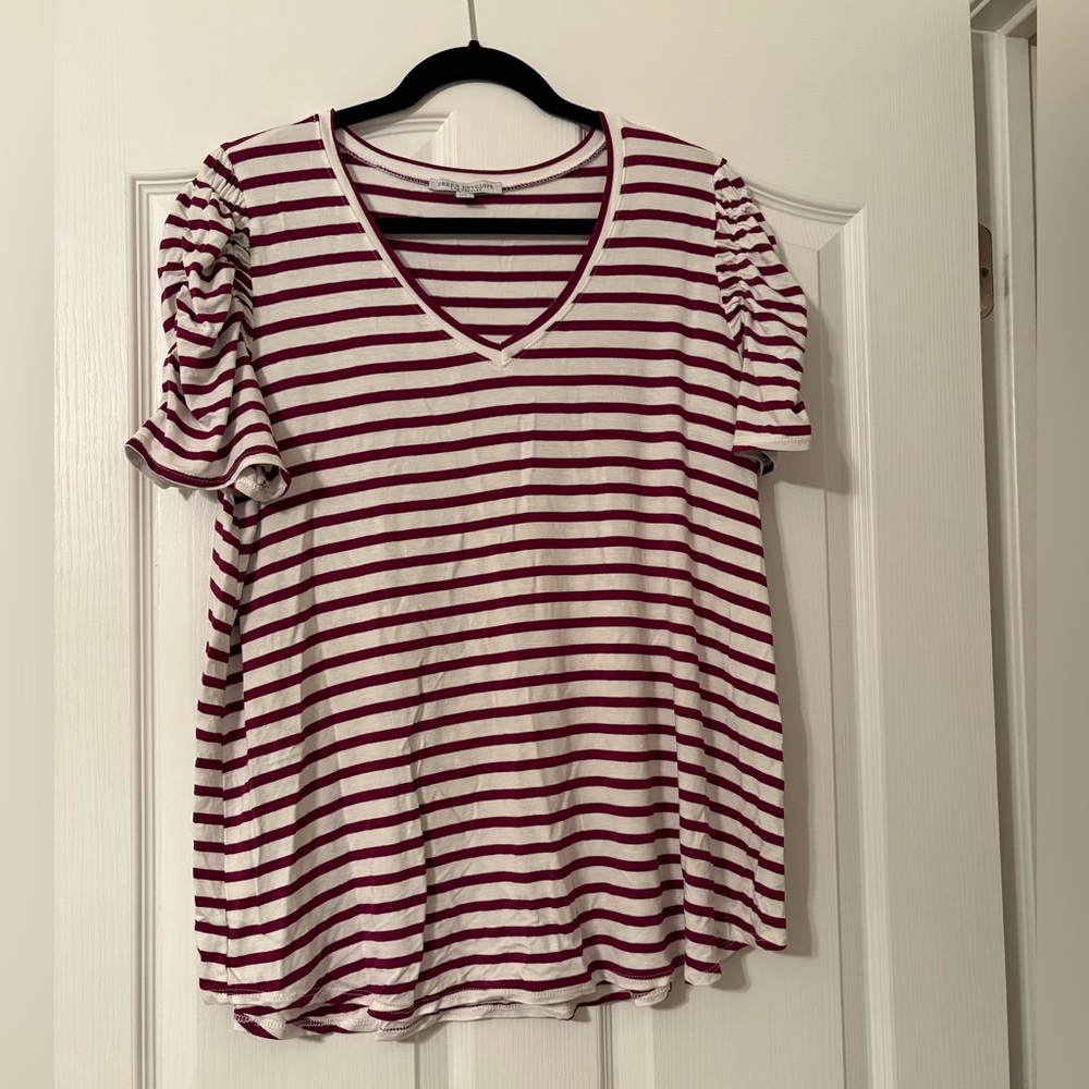 Green Envelope Burgundy Striped V-Neck Top. Plus Size 1X. Cool fabric.